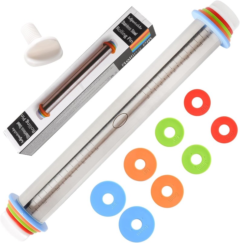 Adjustable Rolling Pin With 4 Thickness Rings, Stainless Steel Multicolor