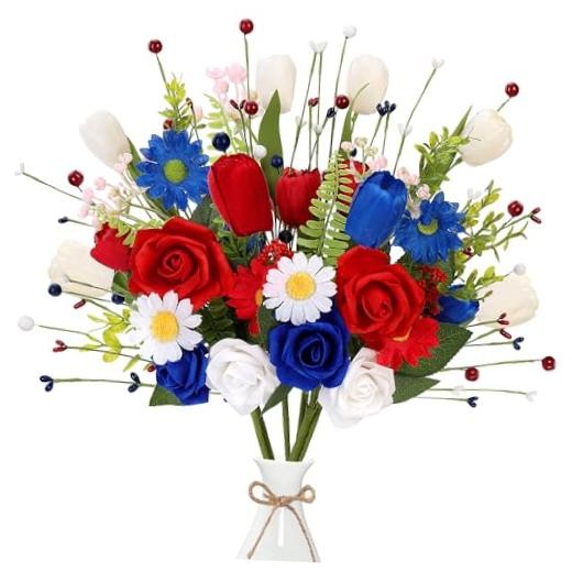 Patriotic Artificial Flowers 6Pcs Memorial Bouquet Fake Red Blue,red and White gallery