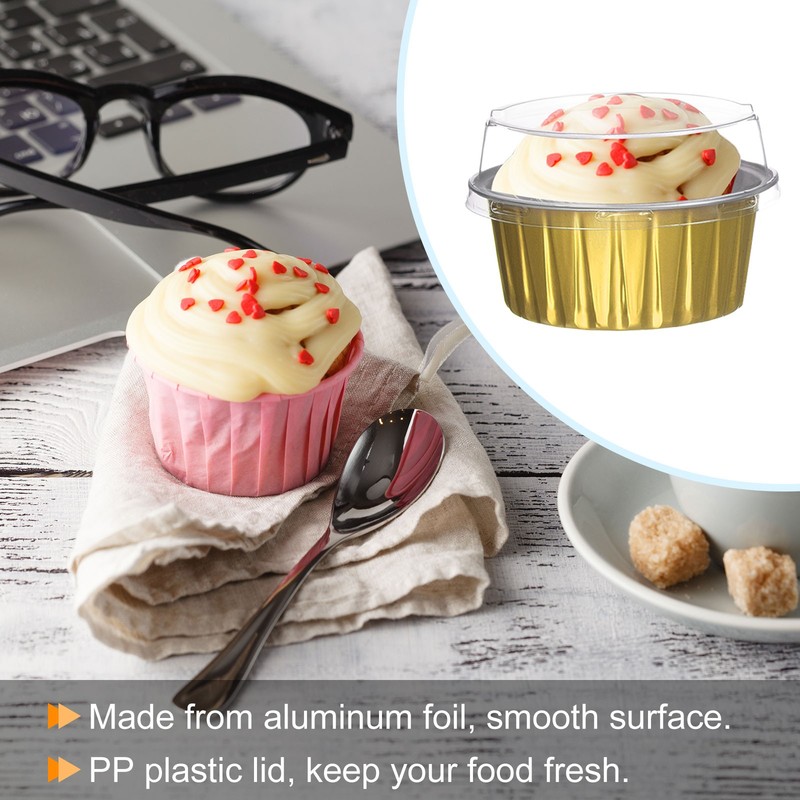 50pcs Cupcake Liners 5oz Aluminum Foil Baking Cups with Lids Forks, Golden gallery