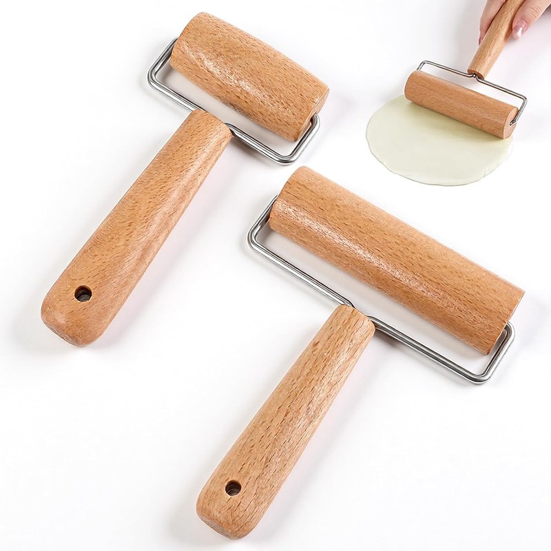 2 Pcs Small Rolling Pin with Handle, Wood Rolling Pins, Non-Stick Pizza Roller f