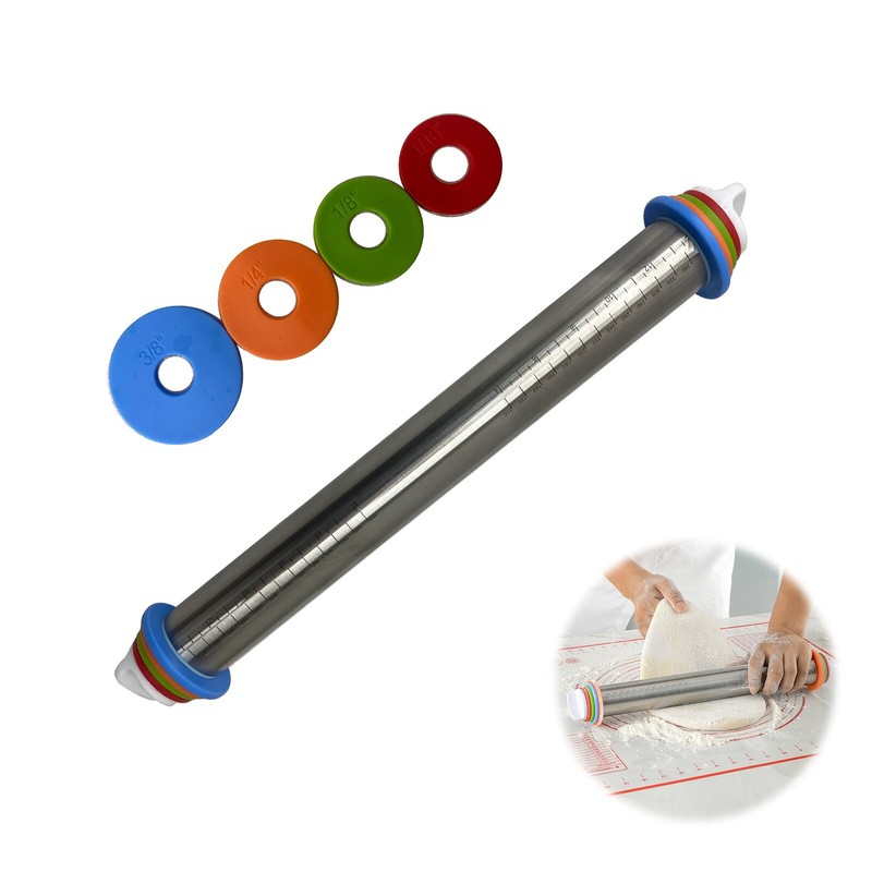 17″ Household Stainless Steel Rolling Pin with Graduated Adjustable Thickness