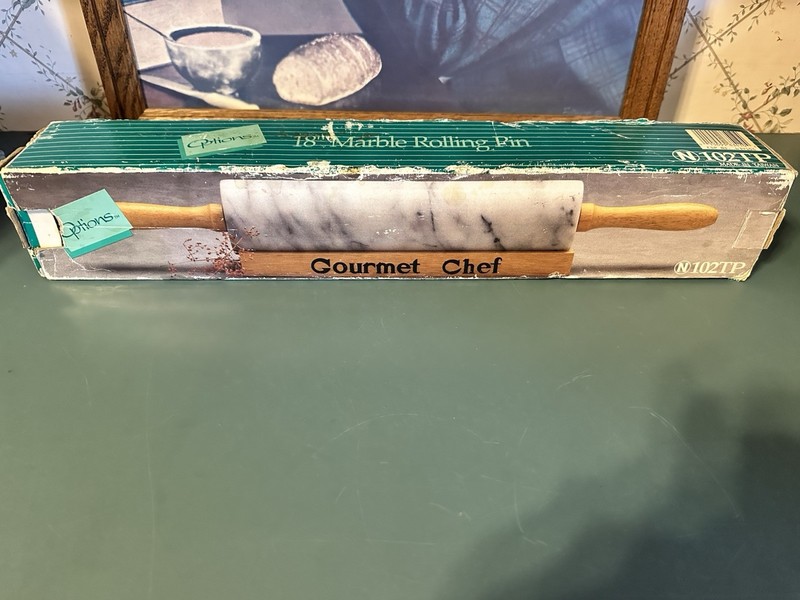 Vintage Marble Rolling Pin 18” Wood Stand Cradle New Box Kitchen Collection