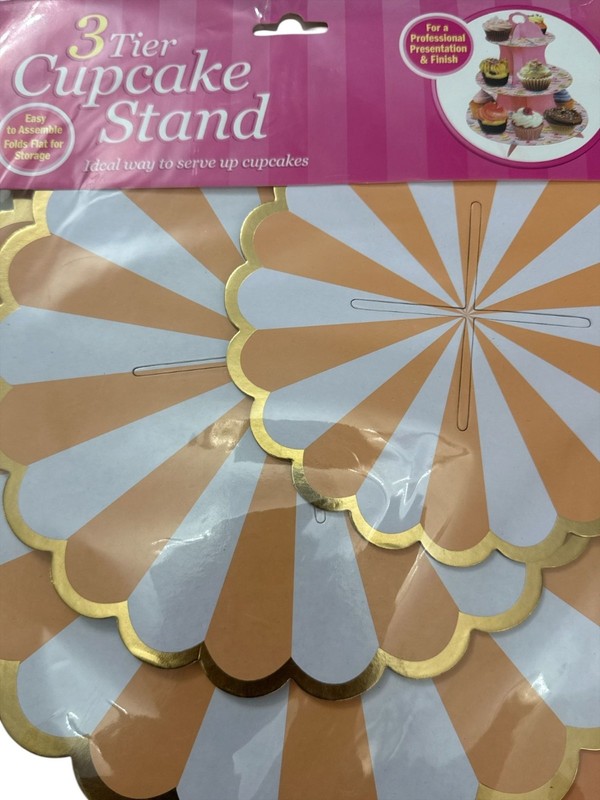 3-Tier Cardboard Cupcake Stand With Gold Trim, Orange & White Design, Easy Assem gallery