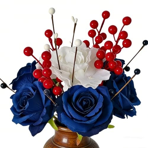 Patriotic Artificial Rose Flowers Berry Stem Picks Red White Blue Silk Floral gallery