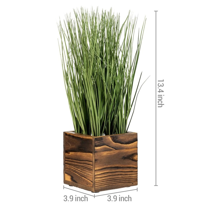 Mygift Artificial Green Grass Plants Trio In Rustic Burnt Solid Wood Planter gallery