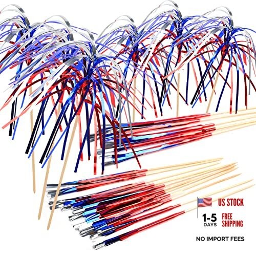 FOIMAS 100pcs 4th of July Cocktail Picks,Patriotic Firework Bamboo Toothpicks