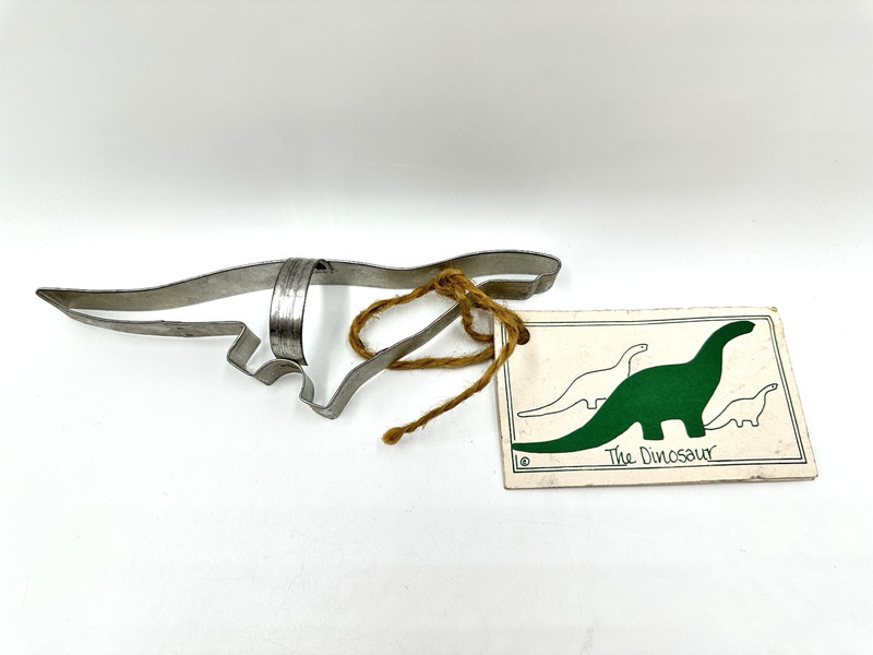 Vintage Ann Clark Large Dinosaur Tin Cookie Cutter with Handle + Recipe Card USA