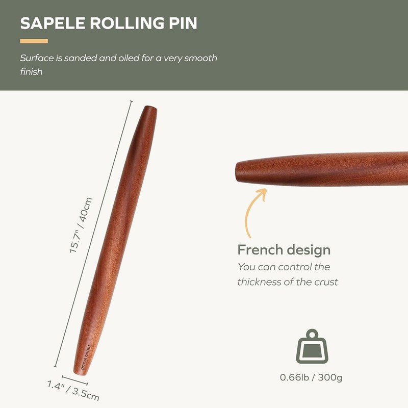Muso Wood Sapele Wooden French Rolling Pin 15.75in Pin, gallery