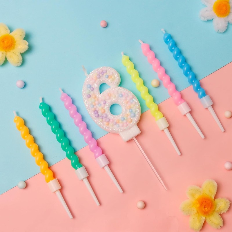 Ceya Number 6 Birthday Candles with 12 Pcs Pastel Rainbow Spiral Sparkle gallery