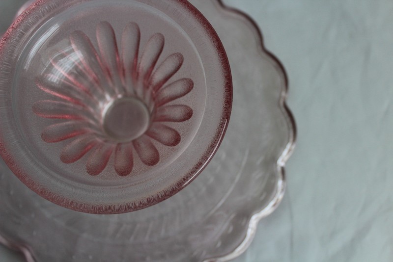 Pink Pressed Glass Cake Stands Laurel Leaf Dessert Pedestals 7.75” gallery