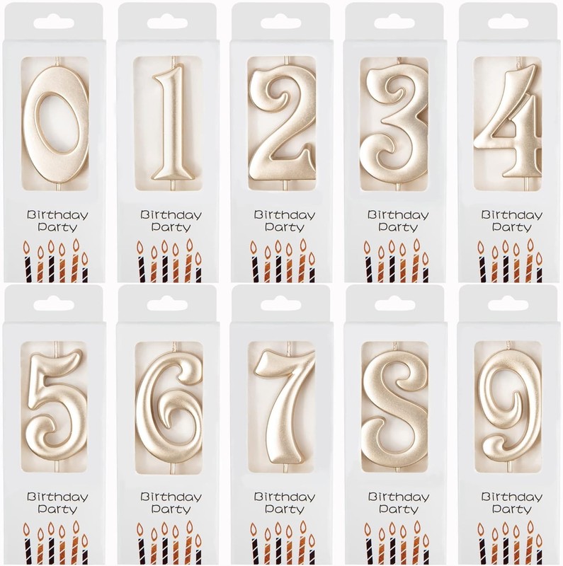 10-Count 0-9 Champagne Gold Number Birthday Candles, Number One Birthday,