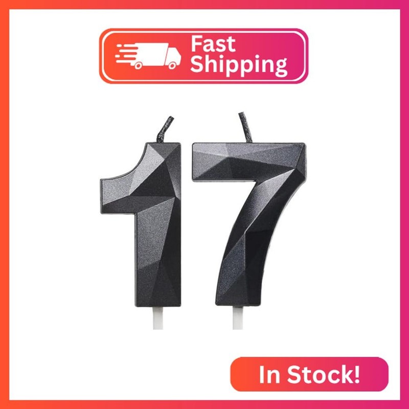 Number 17 Candles,17th Birthday Candles, Black Happy Birthday Candle for Cake,3D