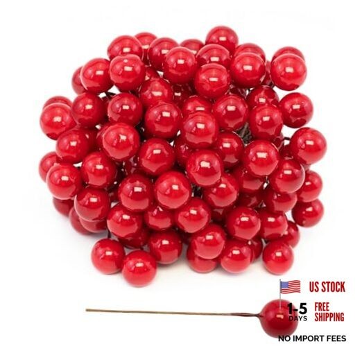 100pcs Red Artificial Holly Berries Lovely 0.4″ Fake Berries on Wire