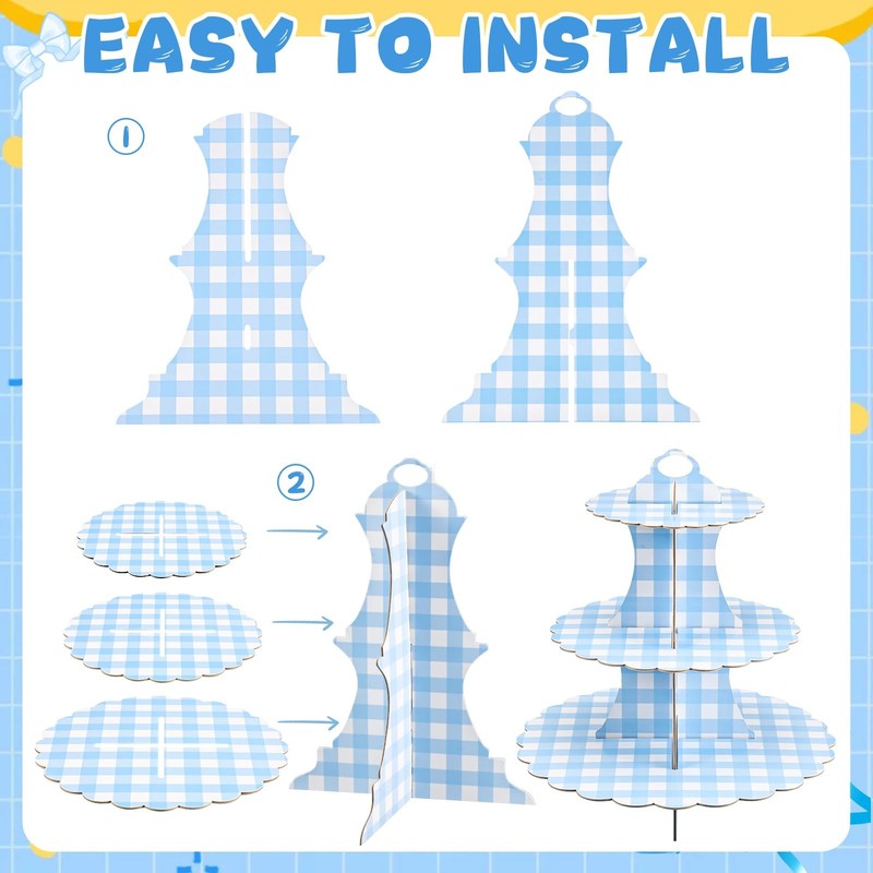 1 Pcs Blue Cupcake Stand Blue and White Gingham 3 Tier Cardboard Cupcake Hold... gallery