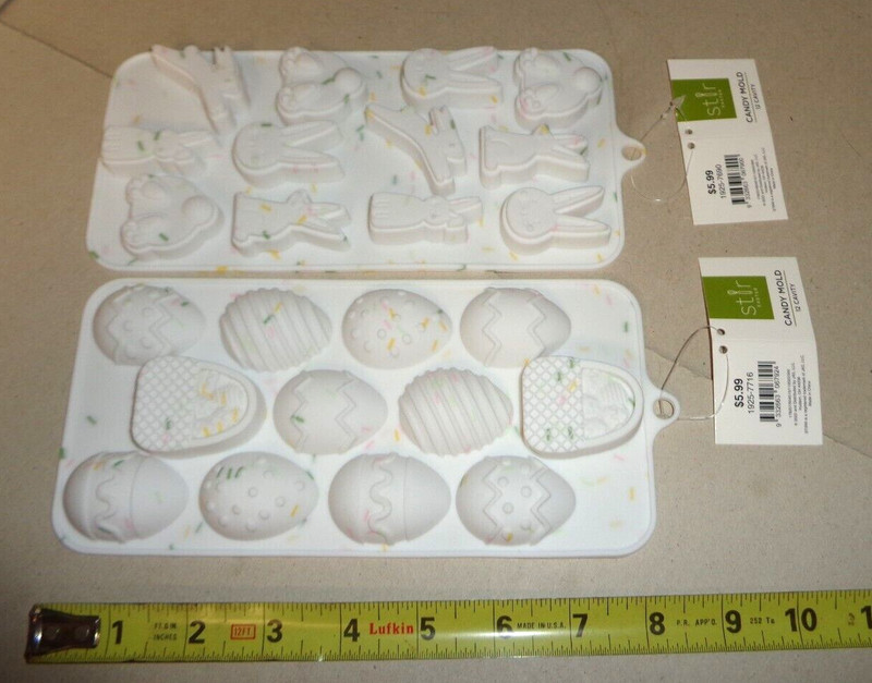 (2) NEW STIR EASTER CANDY EGGS & BUNNY RABBITS WAX MELT GUMMY RUBBER MOLD TRAYS