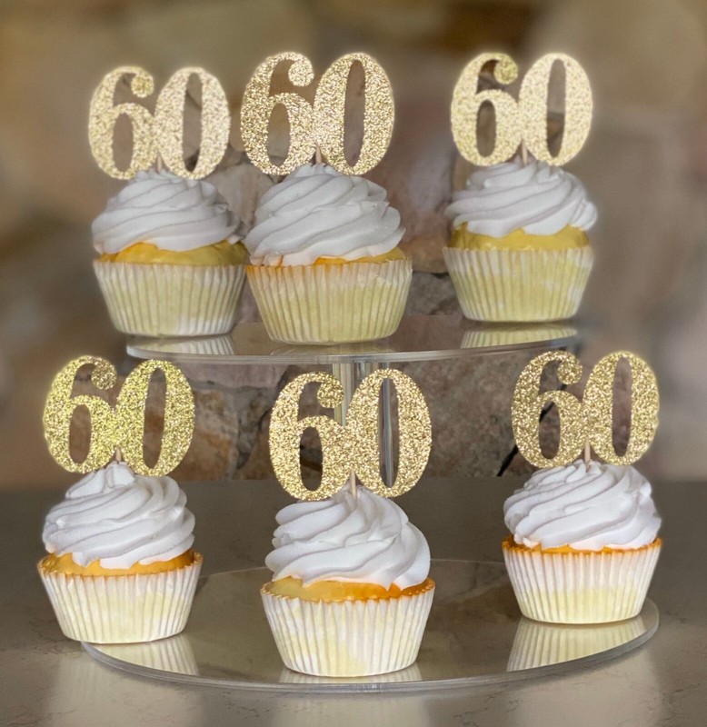 60th Birthday Cupcake toppers (SET OF 12) Gold Glitter birthday cupcake toppers