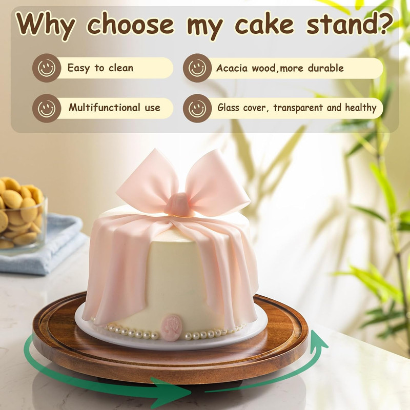 11IN Wood Cake Stand with Dome Lid, Rotating Cake Stand with Glass Dome- Cake Pl gallery