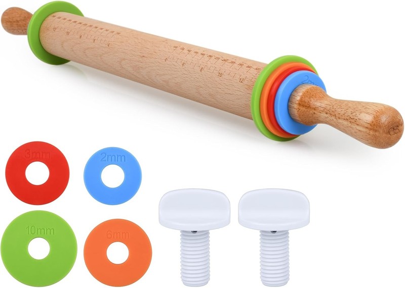 Rolling Pin with 4 Adjustable Thickness Rings and Long Handle 13.6 Inch Woode…