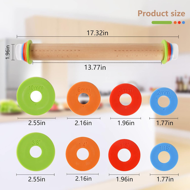 Wood Rolling Pin With 4 Adjustable Thickness Rings, Non-stick Dough Roller For B gallery