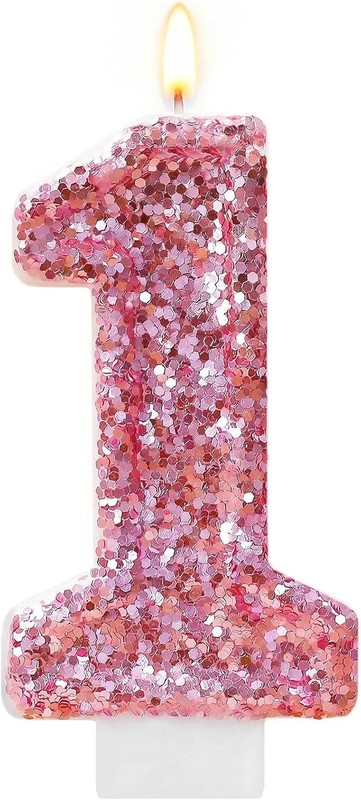 Pink Number 1 Candle Birthday Girl, Glitter Number 1 Candle Cake Topper with