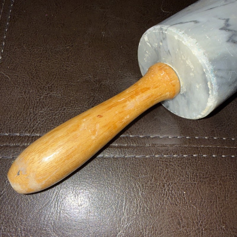 Vintage Marble Rolling Pin 18” Long Barrel 10” Wood Handles Heavy EUC Gray White gallery