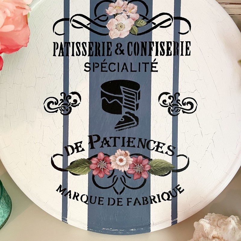 French Country Patisserie & Roses Cake Plate / Stand Riser Grain Sack Stripe gallery
