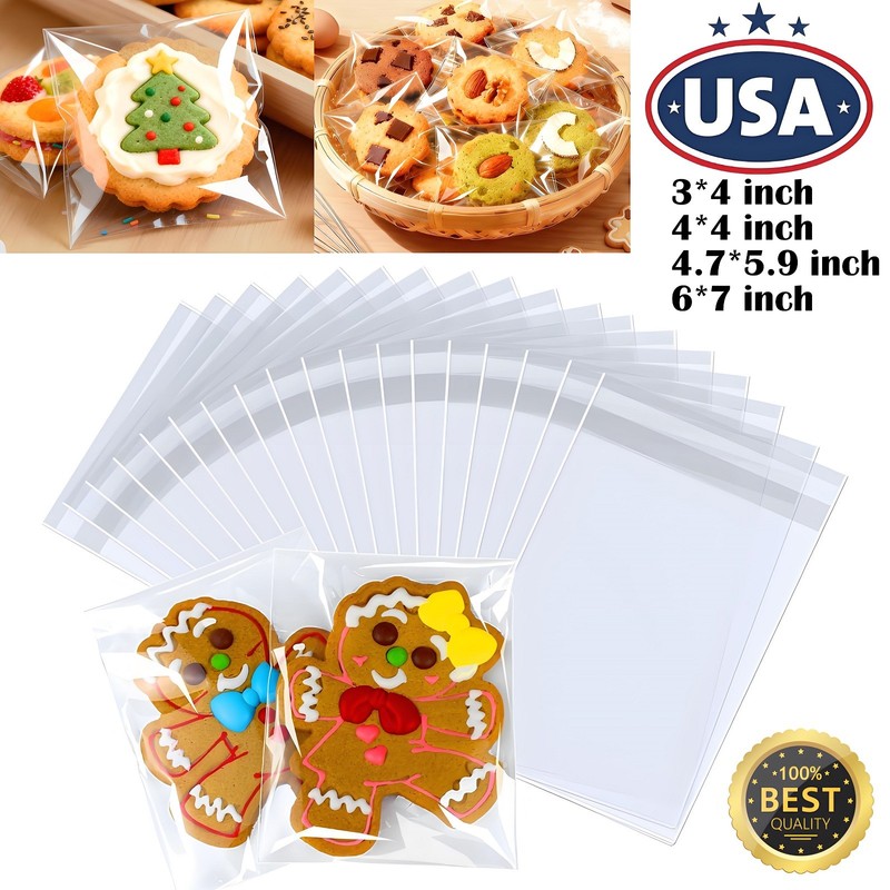 100PCS Clear Self Sealing Cellophane Bags Cookie Bags Resealable Cellophane Bag