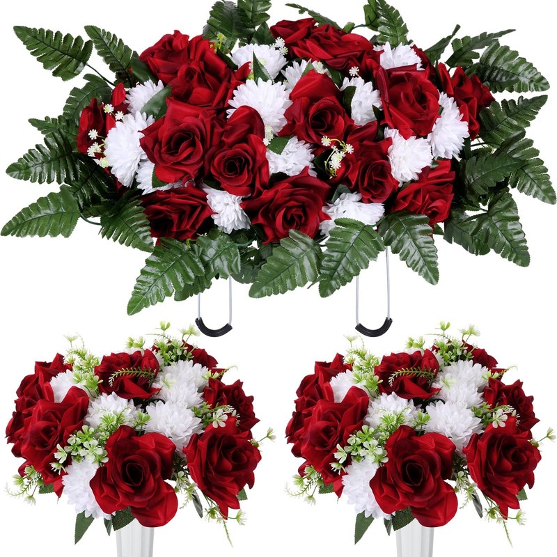 Tigeen 3 Pcs Artificial Cemetery Flowers For Grave Memorial Flowers Funeral
