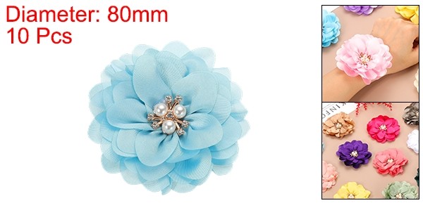 10Pcs 3.15 Inch Rhinestone Chiffon Flower Fabric Appliques Blue gallery