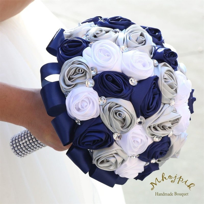 Mhojpik 6.3 Navy Blue Silver White Bridal Wedding Bouquet Round Holding Bouquet gallery