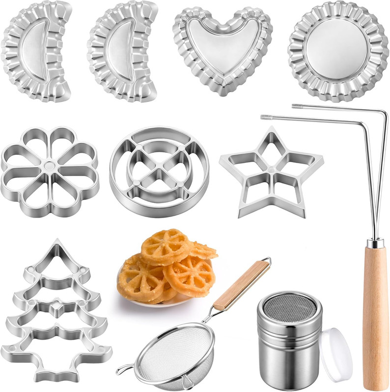 11 Pcs Rosette Iron, Bunuelos Mold with Handle Cooking Stamp Maker Kit, Rosette