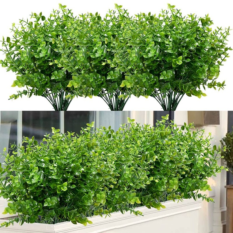ArtBloom 8 Bundles Outdoor Artificial Boxwood UV Resistant Fake Stems Green