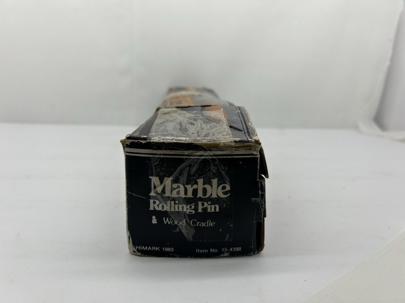 Vintage Gourmet Kitchen Marble Rolling Pin Gray Marbled Wood Handles & Cradle gallery