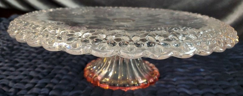 Vintage Clear & Pink Glass Floral Lattice Pattern Cake Plate
