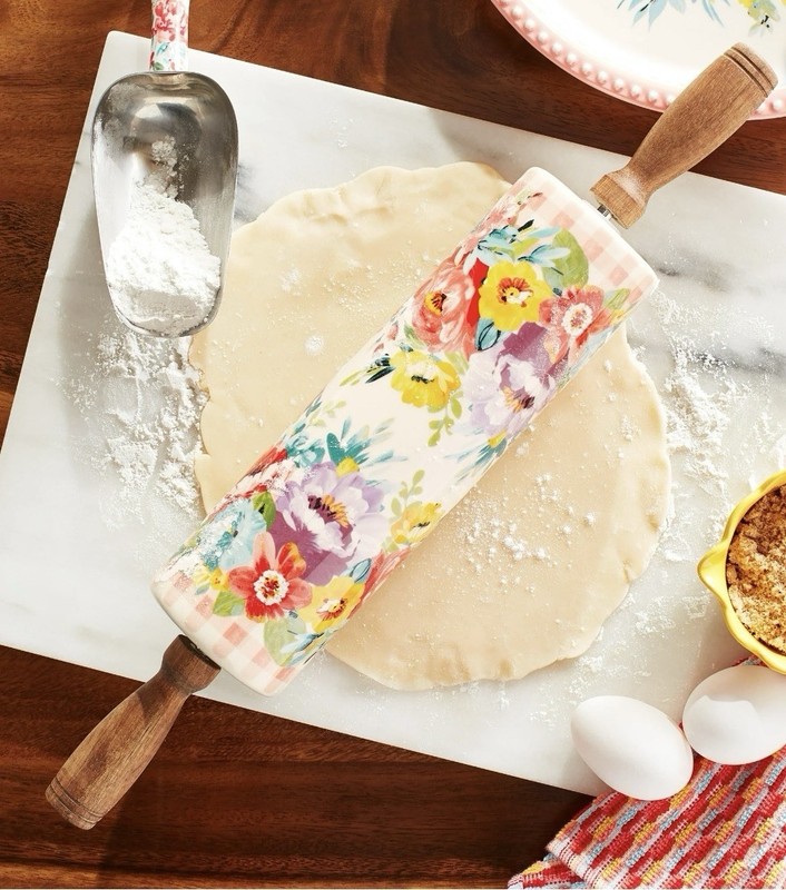 The Pioneer Woman Sweet Romance Ceramic Floral Rolling Pin Wood Handle. NEW gallery