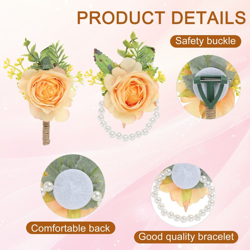 2 Pcs Rose Wrist Corsage and Boutonnieres Set, Wedding Flower Wristlet Orange gallery
