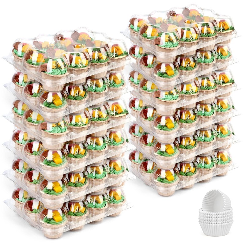 (12 Count x 12 Sets) Cupcake Containers with 144 Liners, Thick Plastic Cupcak…