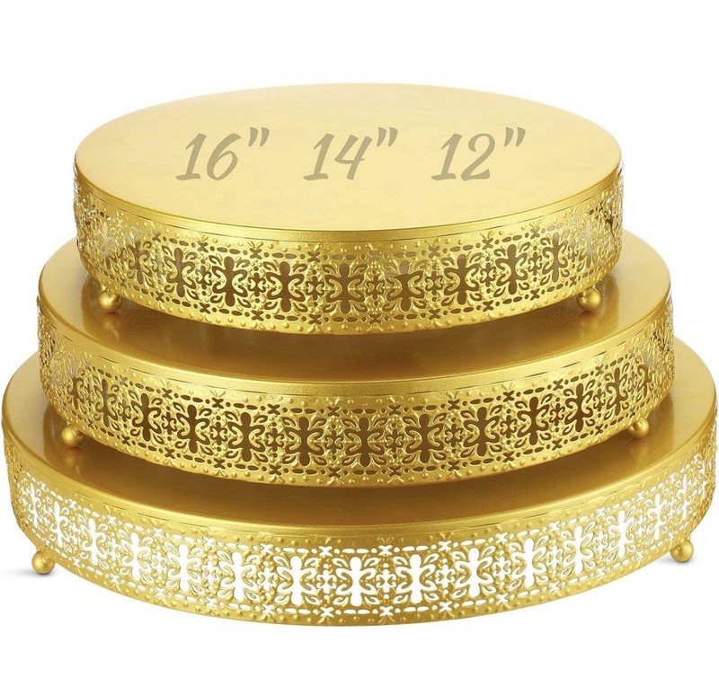 NEW Metal Gold Cake Stands 3 Pcs. 16 14 12 Round. Great for All Desserts. NIB