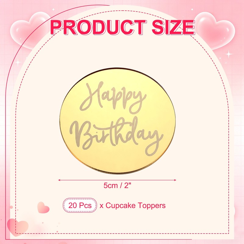 20Pcs Round Mirrored Acrylic Cake Toppers Birthday, 002-Gold gallery