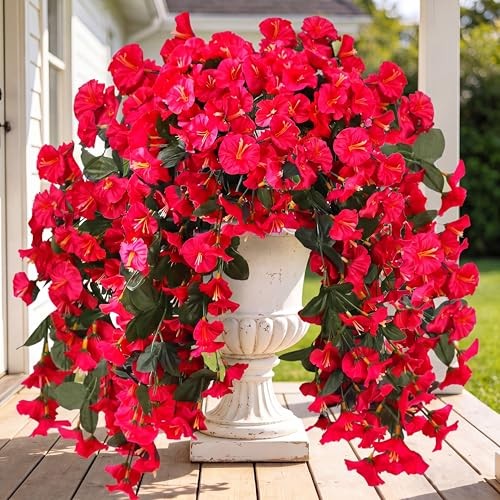 Artificial Fake Hanging Flowers Plants for Outdoor Outside 2Pcs Rose Red gallery