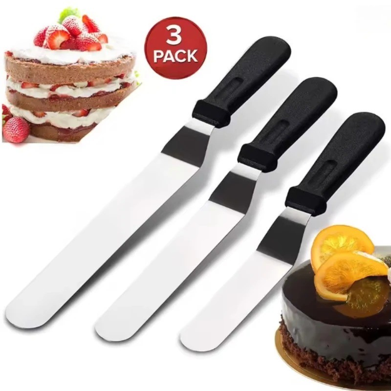 3 pc Stainless Steel Curved Handle Cake Spatula - Ideal for Frosting, Decorating gallery