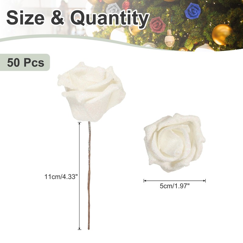 50Pcs Glitter Roses, Foam Artificial Flowers Roses Heads with Stem, White gallery