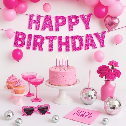 Pre-strung Happy Birthday Banner - No DIY - Glitter Happy Birthday Hot Pink gallery