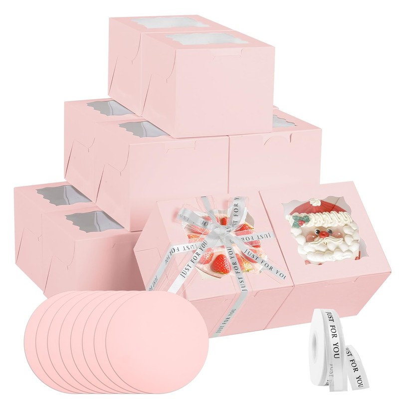 48PCS 6x6x5 Inches Cake Boxes,(24 Boxes &24 Boards) Pink Bakery Boxes with Wi…