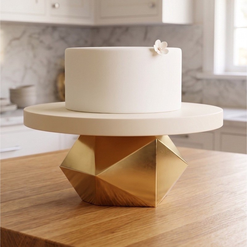 White Round Pedestal Cake Stand, 1 Tier, Matte Metal, Gold Geometric Base