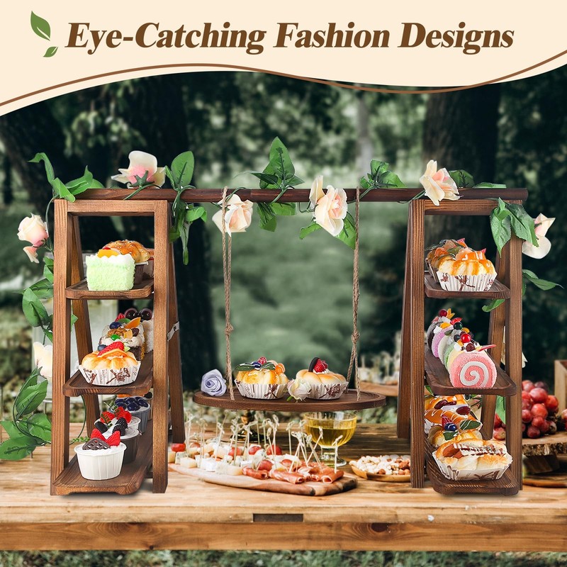 Wooden 3 Tier Cupcake Stand with Swing and Flower Decoration Serving Removabl... gallery