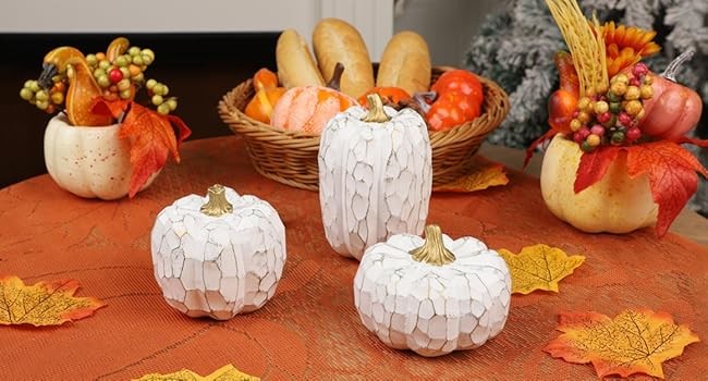 Pumpkins Fall Decorats for Home- Set of 3 Elegant White gallery