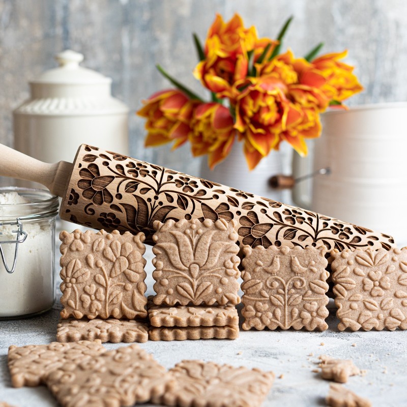 STODOLA Embossed Rolling Pin with Nature Pattern – Engraved Cookie Design gallery