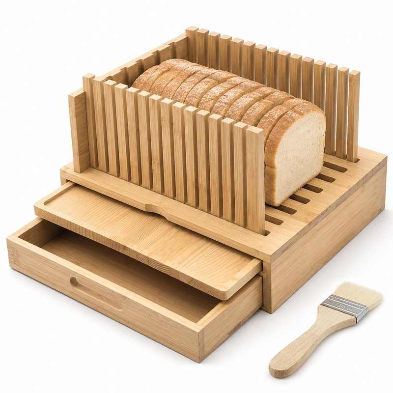 Bamboo Bread Slicer for Homemade Bread, Adjustable Bread Cutter with Slice Th…