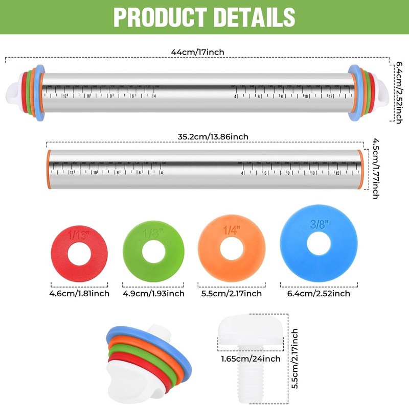 Rolling Pin with Adjustable Thickness Rings for Baking,Stainless Steel Dough ... gallery
